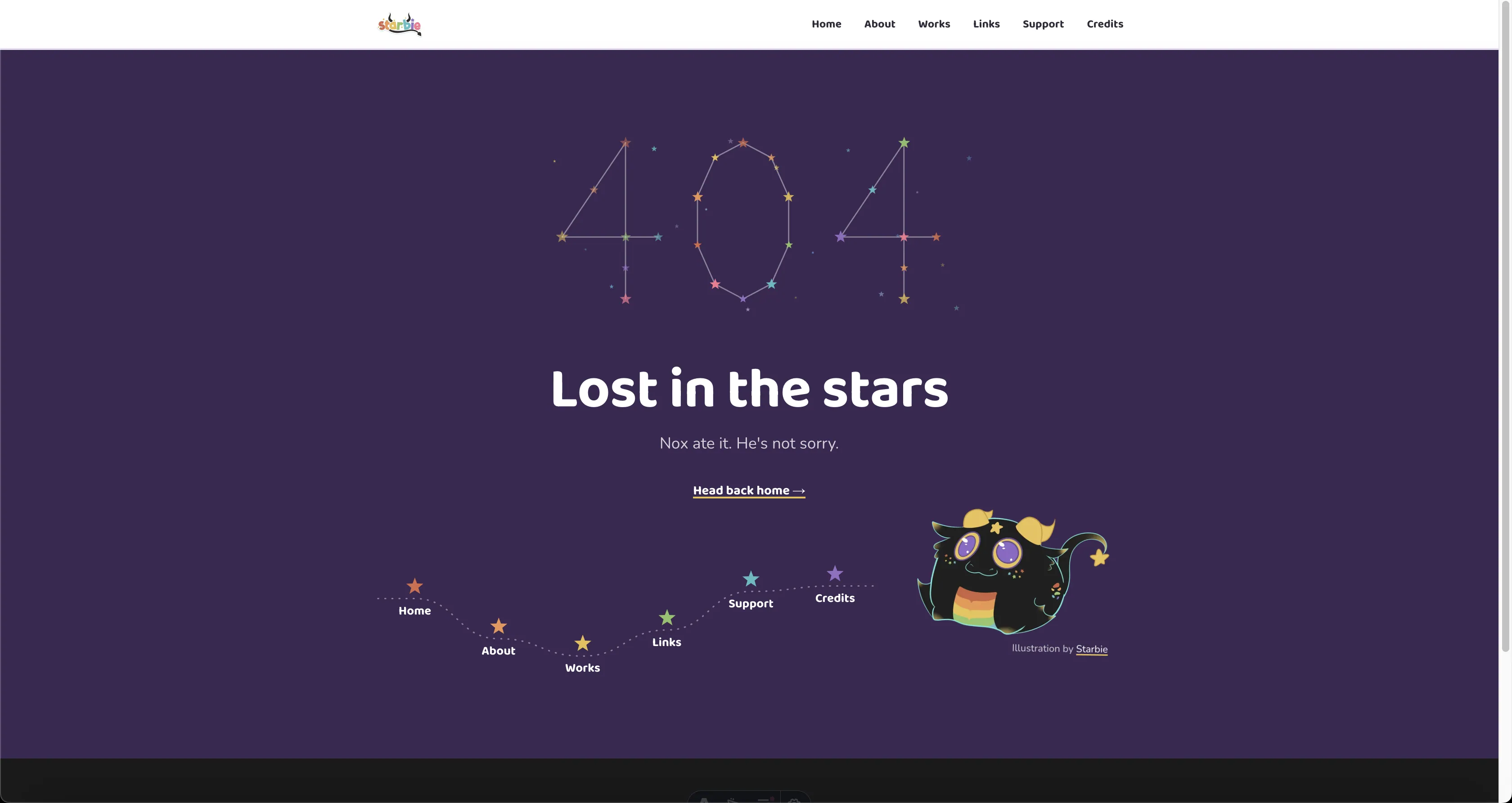 Starbie website 404 page with the number 404 drawn as a colorful constellation, the heading Lost in the stars, and a Nox character illustration