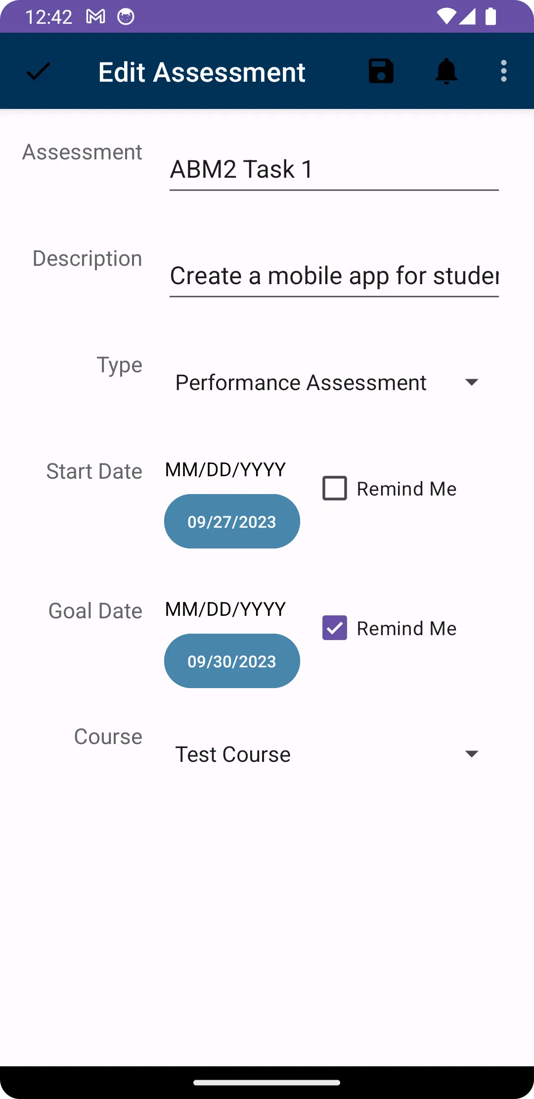 Edit Assessment screen with type, start and goal dates, reminders and course assignment