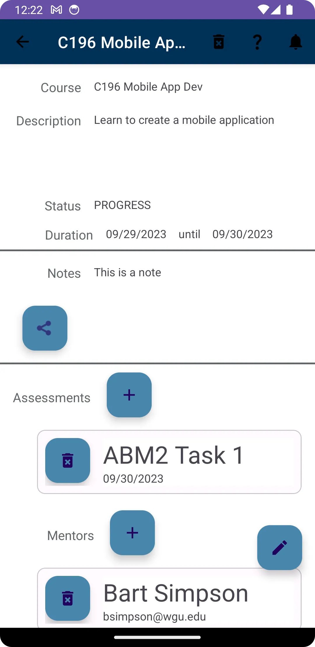 Course detail screen showing status, dates, notes, assessments and mentors