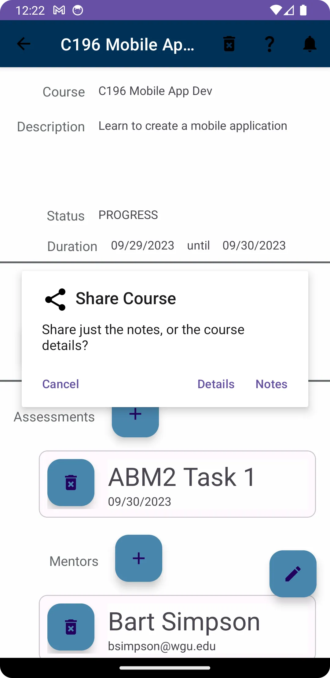 Share Course dialog asking whether to share course details or notes