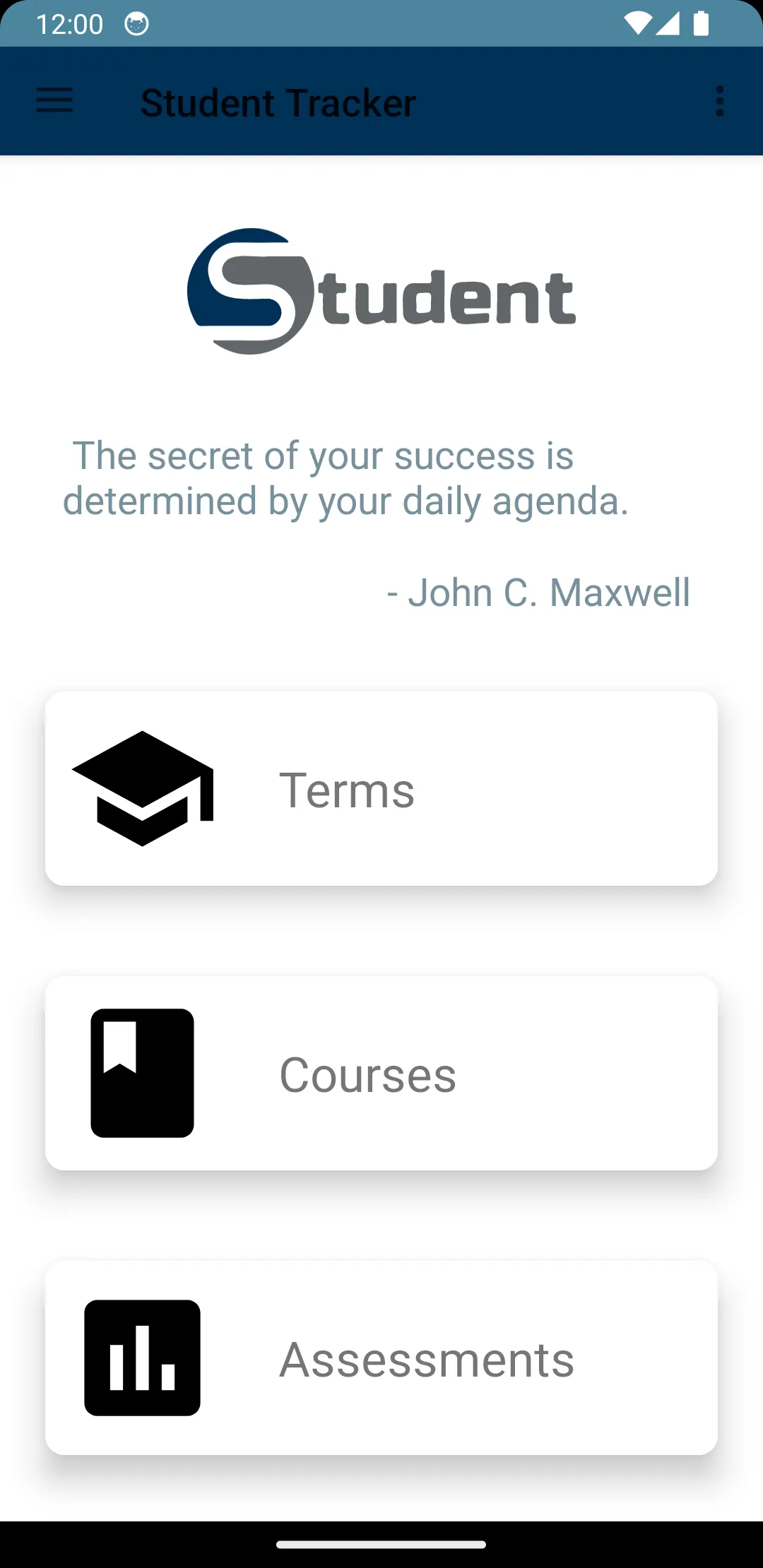 Student Tracker home screen on an Android phone with navigation cards for terms, courses, assessments and mentors