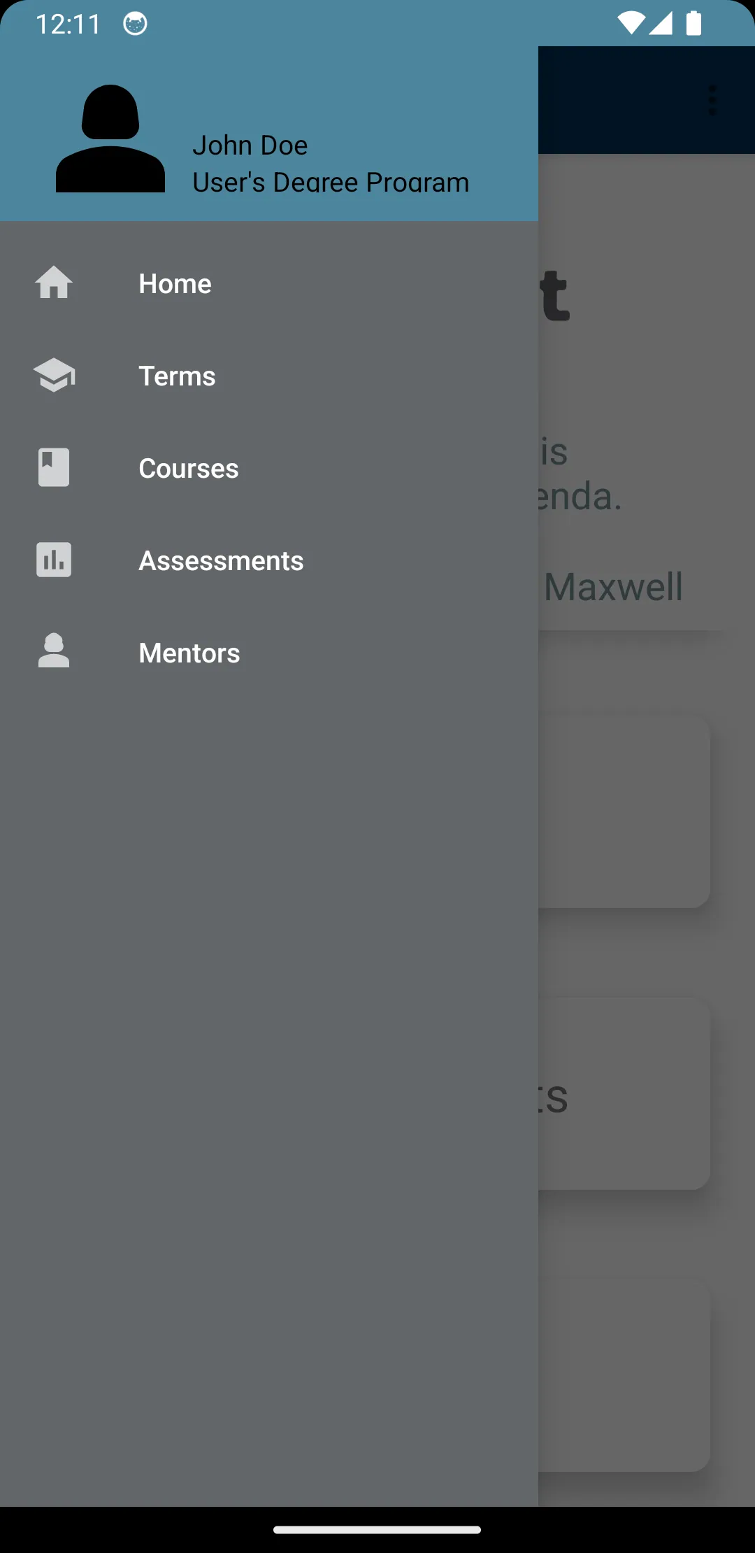 Student Tracker navigation drawer with links to home, terms, courses, assessments and mentors