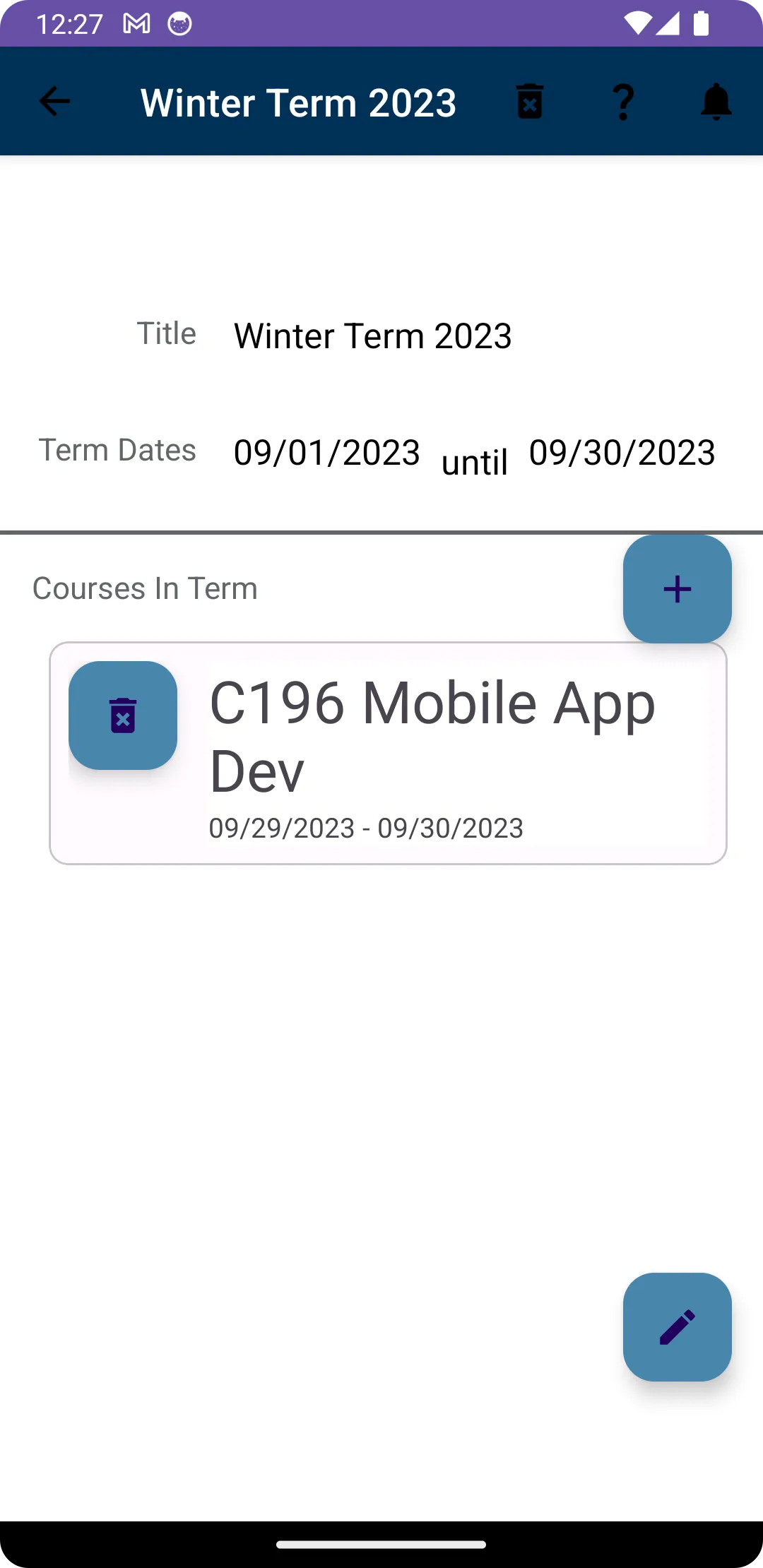 Winter Term 2023 detail screen showing its dates and assigned course