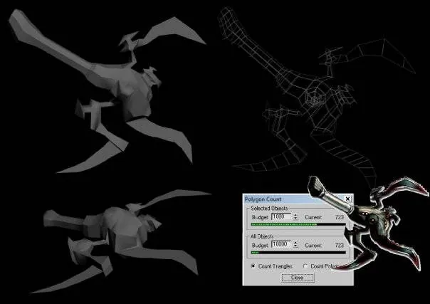 Shaded and wireframe views of the low-poly Empty Skies dagger beside its reference concept