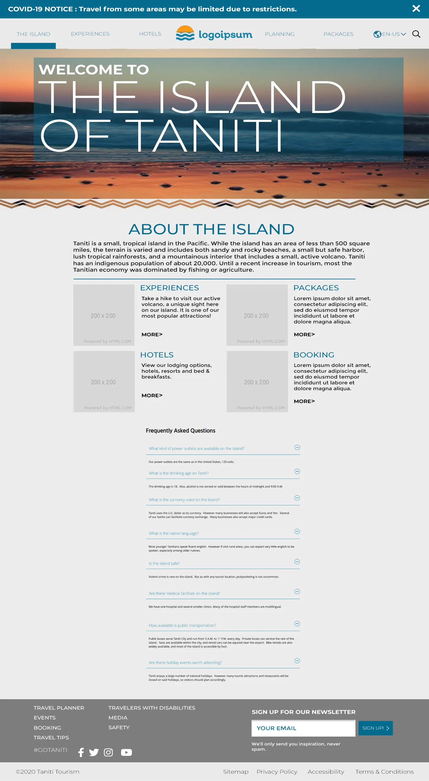 About the island page for the Taniti tourism website mockup