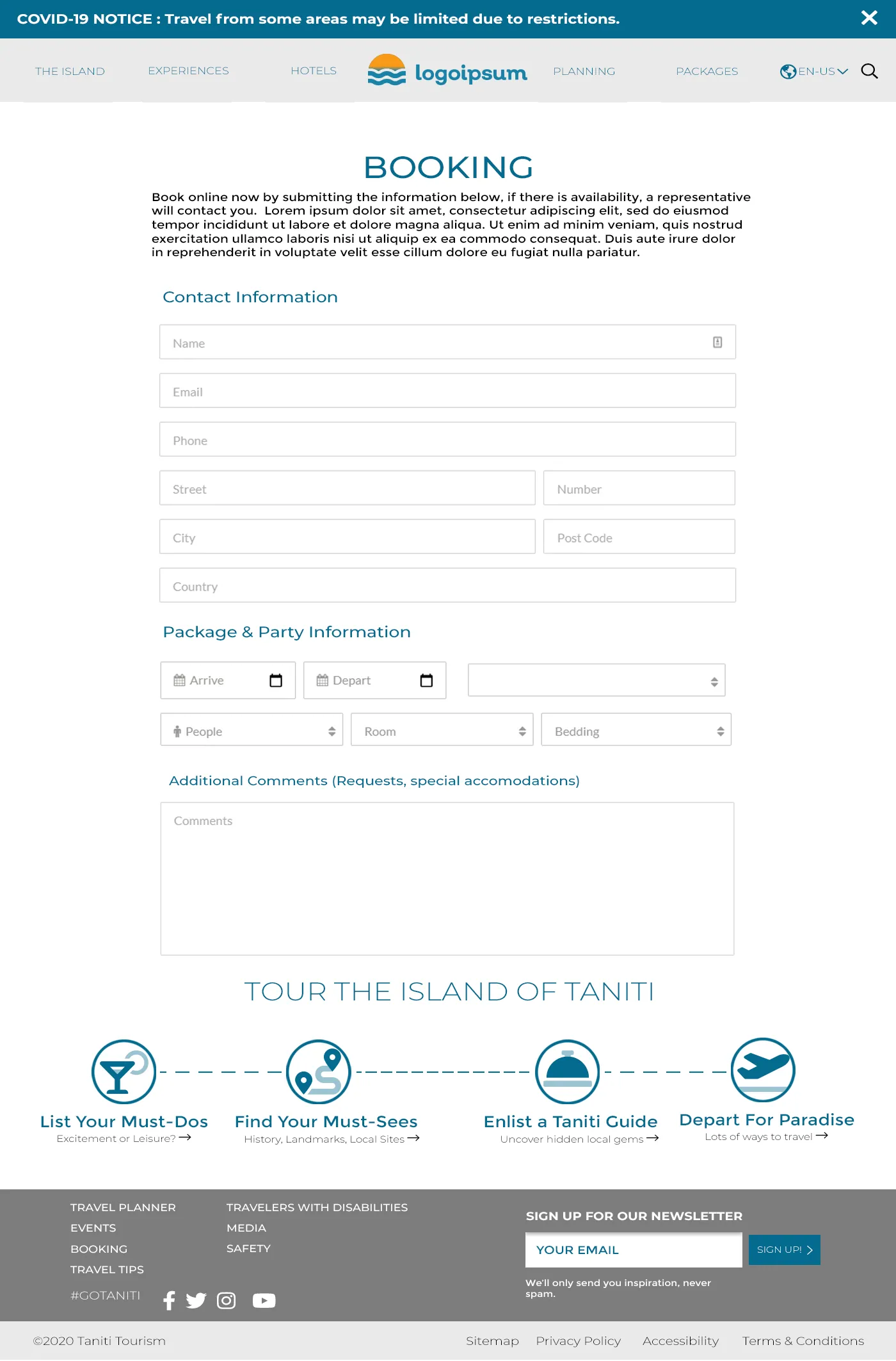 Booking form for the Taniti tourism website mockup