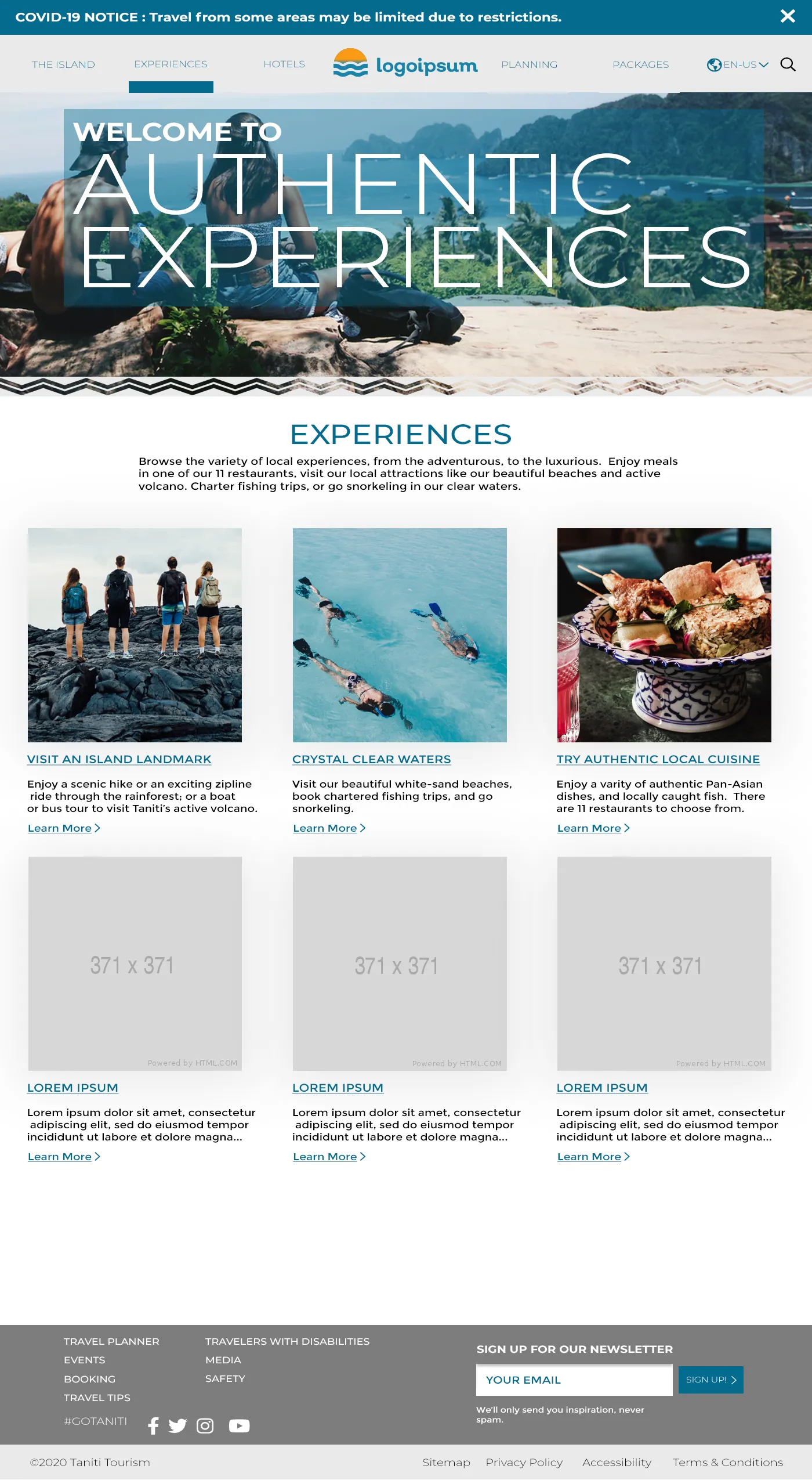 Experiences listing page for the Taniti tourism website mockup
