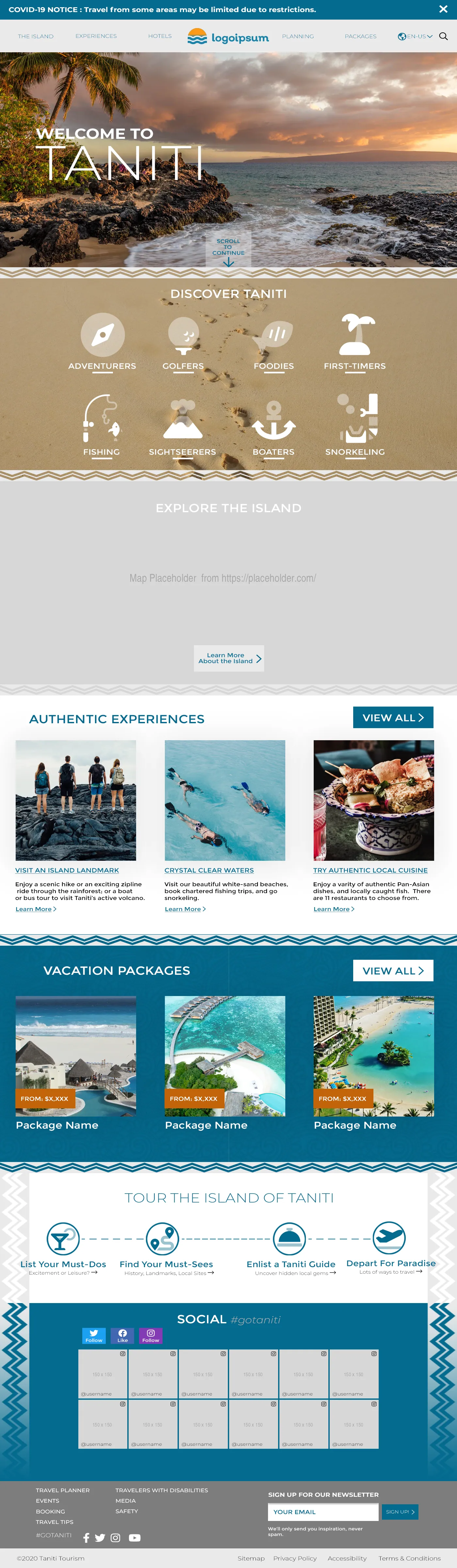 Long-form homepage mockup for the fictional island of Taniti