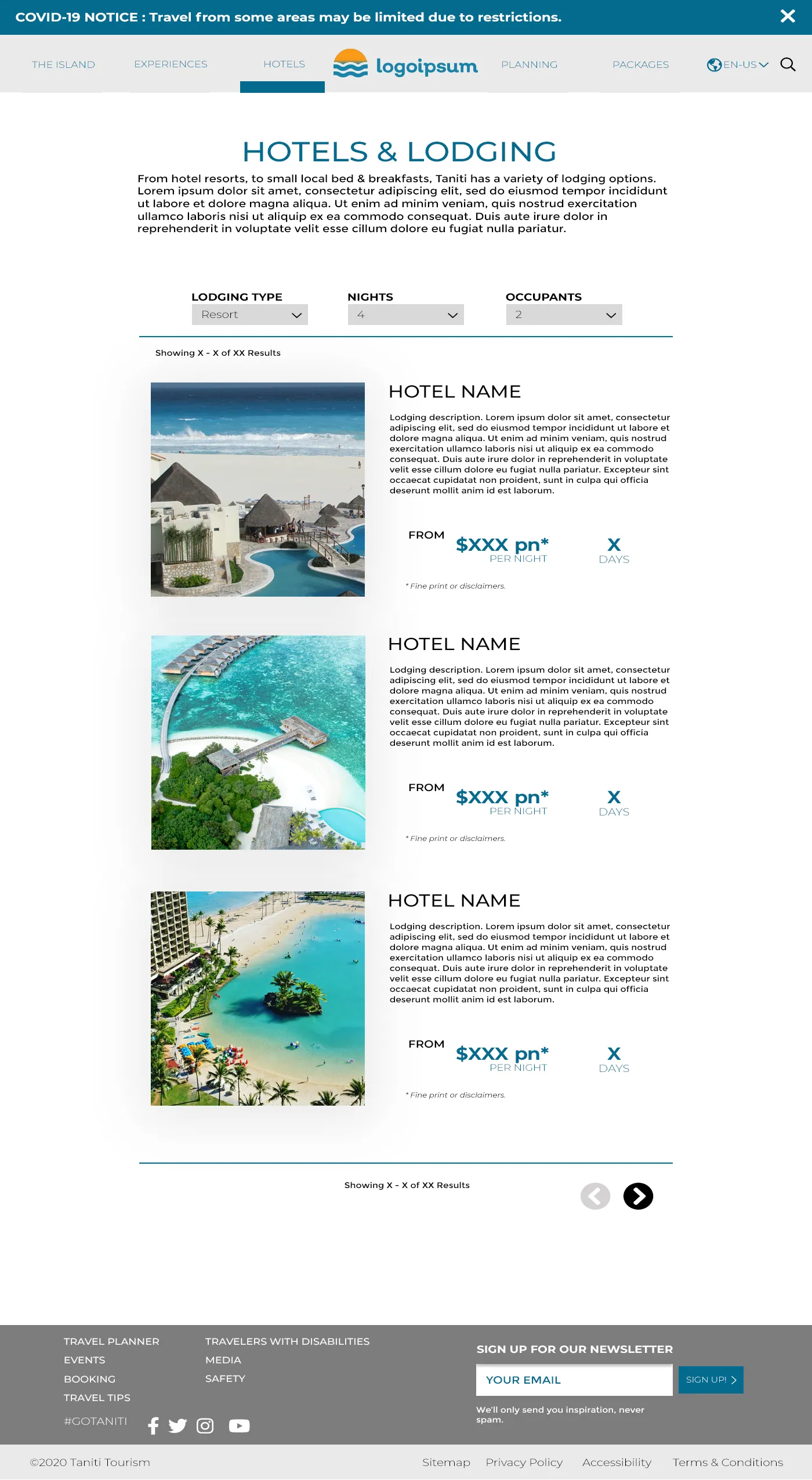 Hotels and lodging results page for the Taniti tourism website mockup