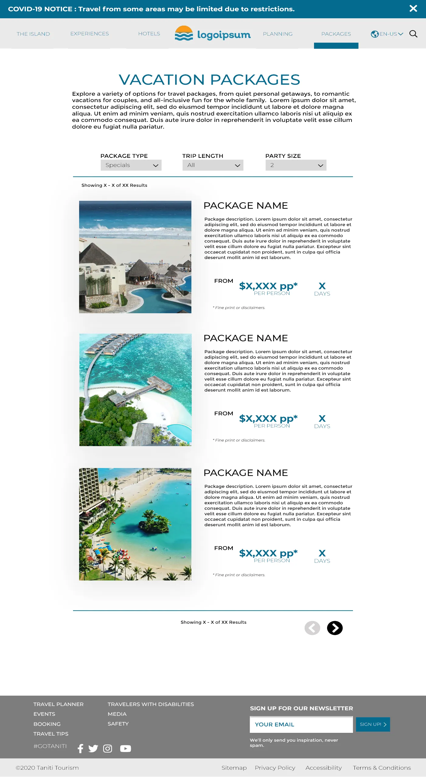 Vacation packages results page for the Taniti tourism website mockup