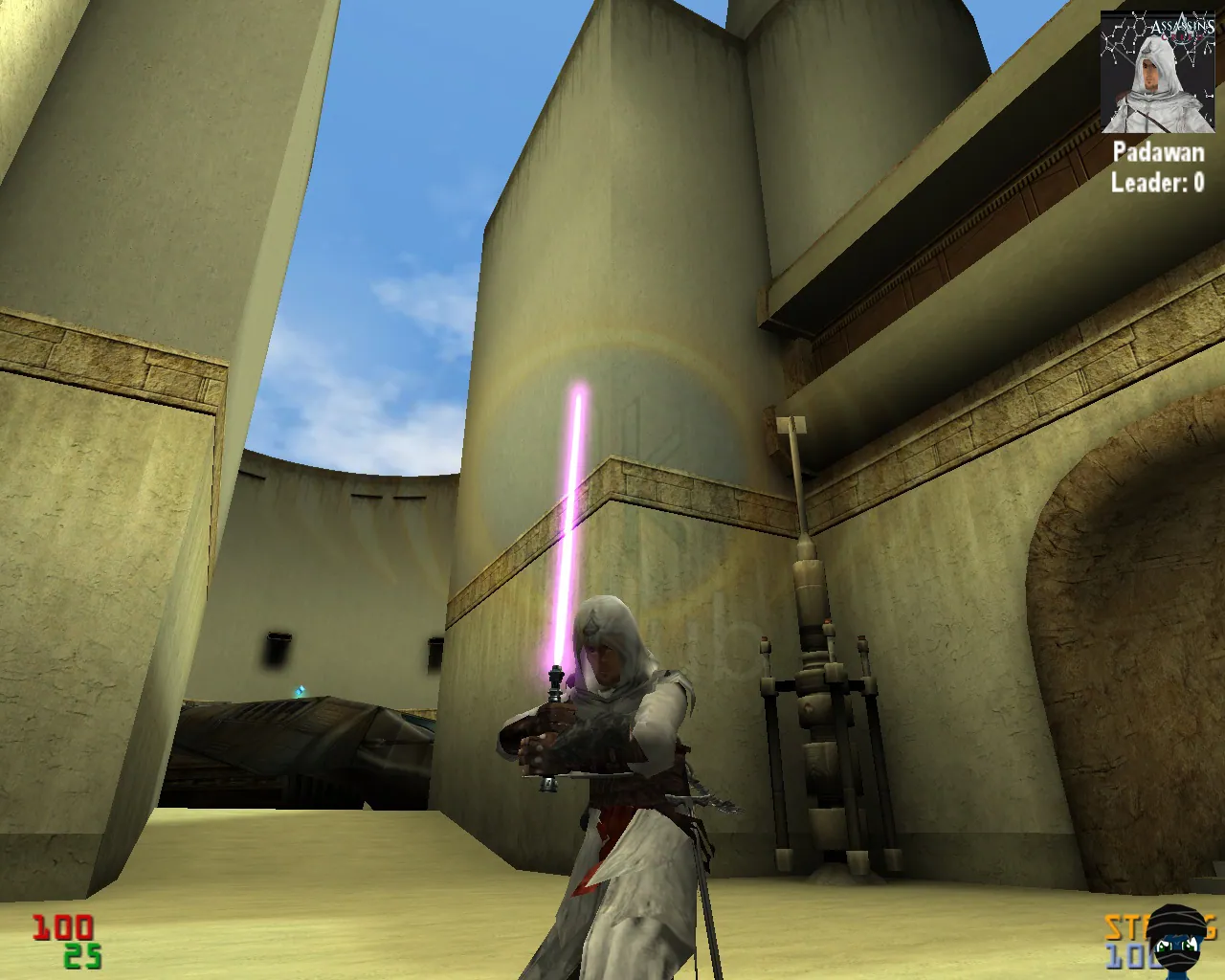 Altaïr player model holding a lightsaber in Jedi Academy
