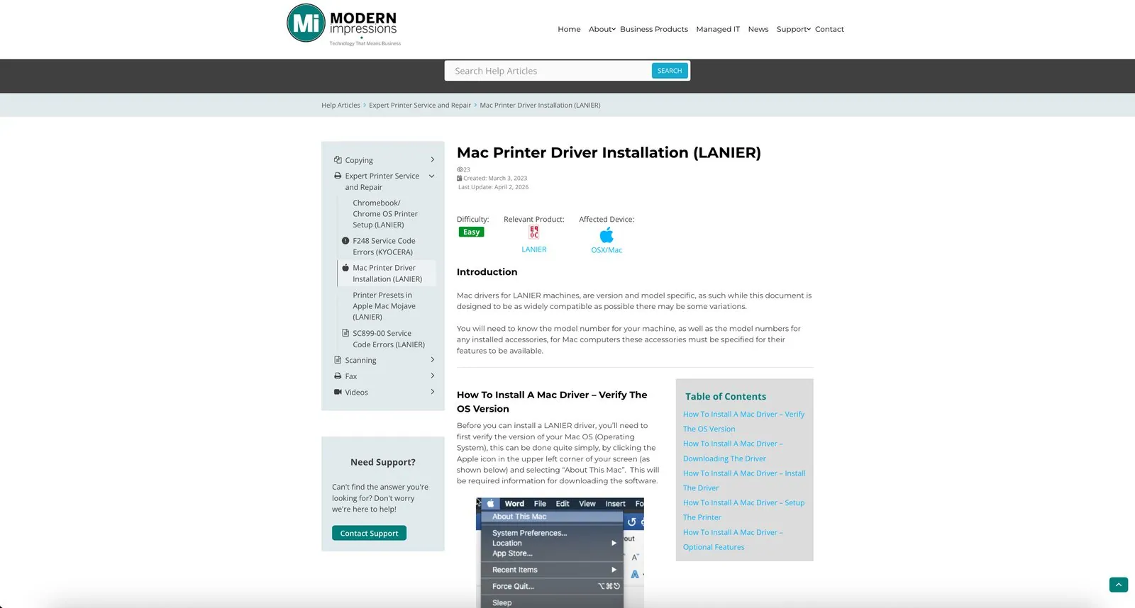 A knowledge base article with its metadata strip and generated table of contents