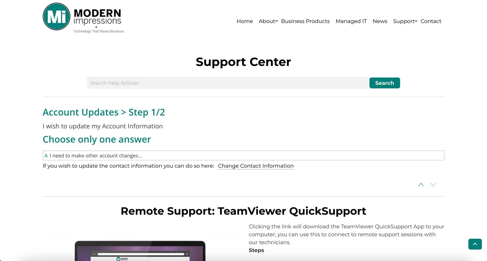 The account-updates branch of the support questionnaire