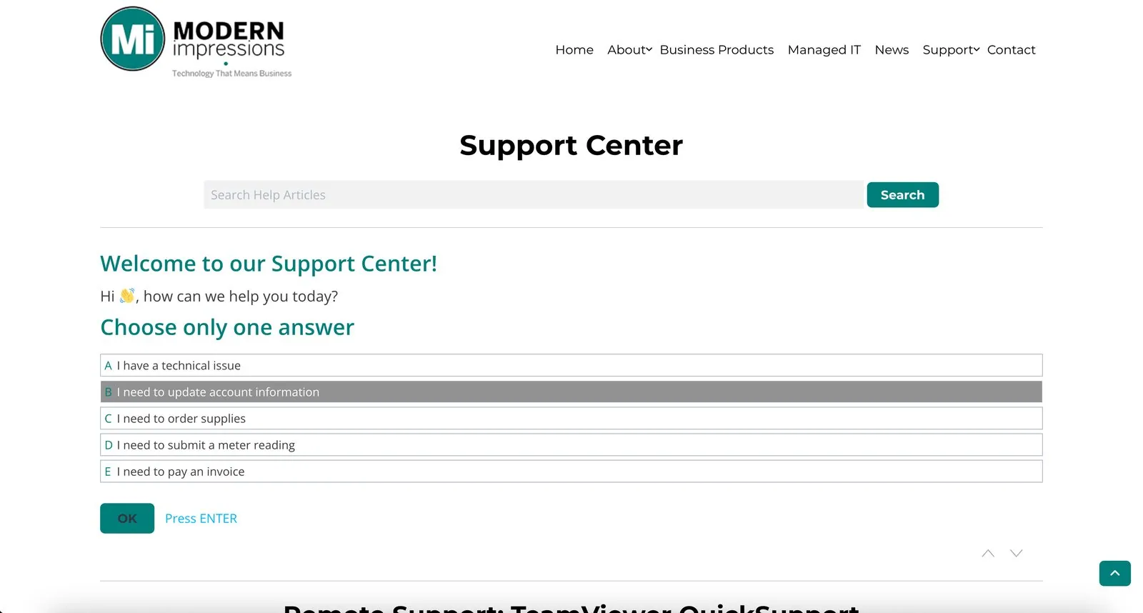 The support page's opening question with five choices
