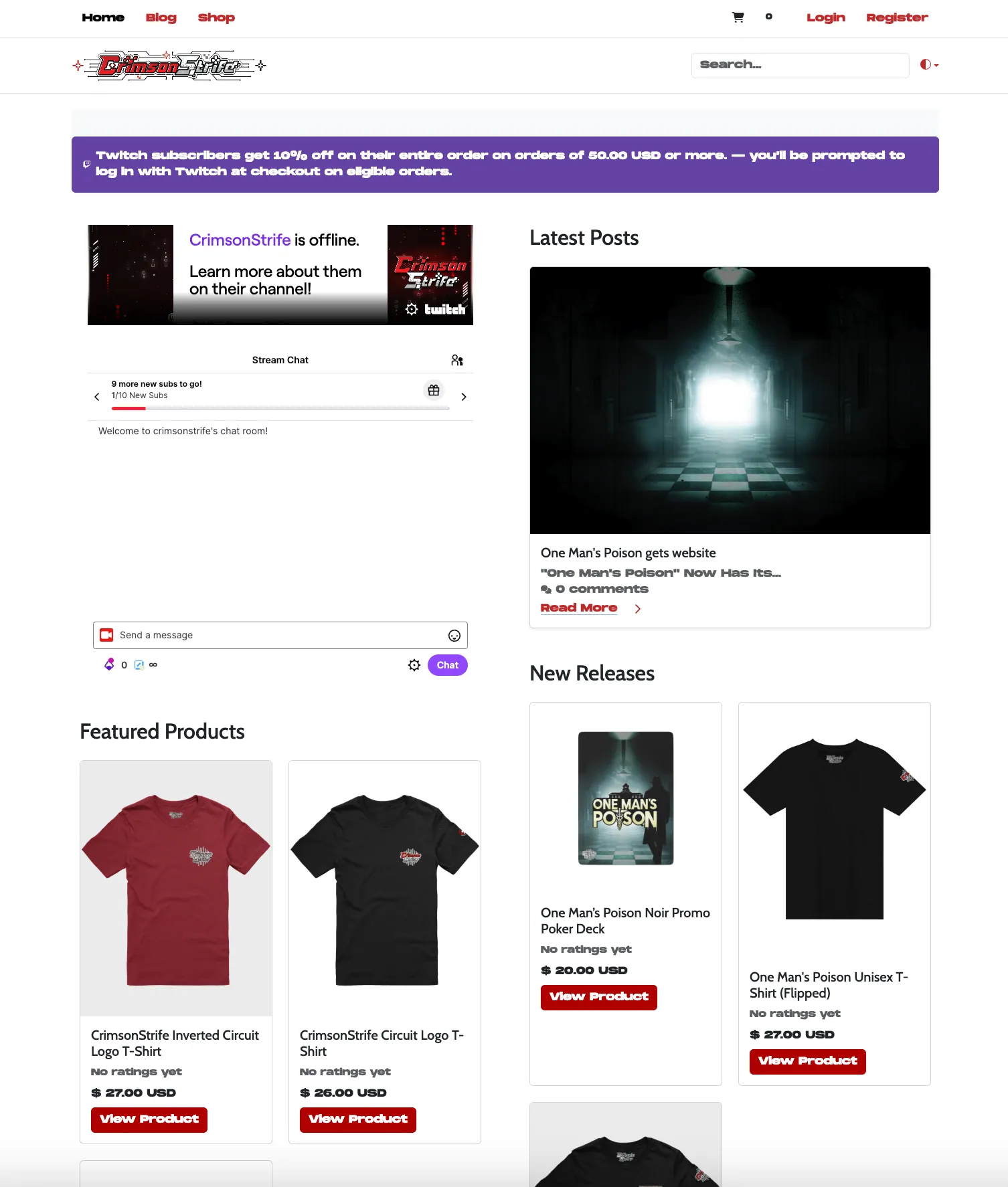 A streamer.live homepage combining an embedded Twitch stream and chat with blog posts and featured Fourthwall products
