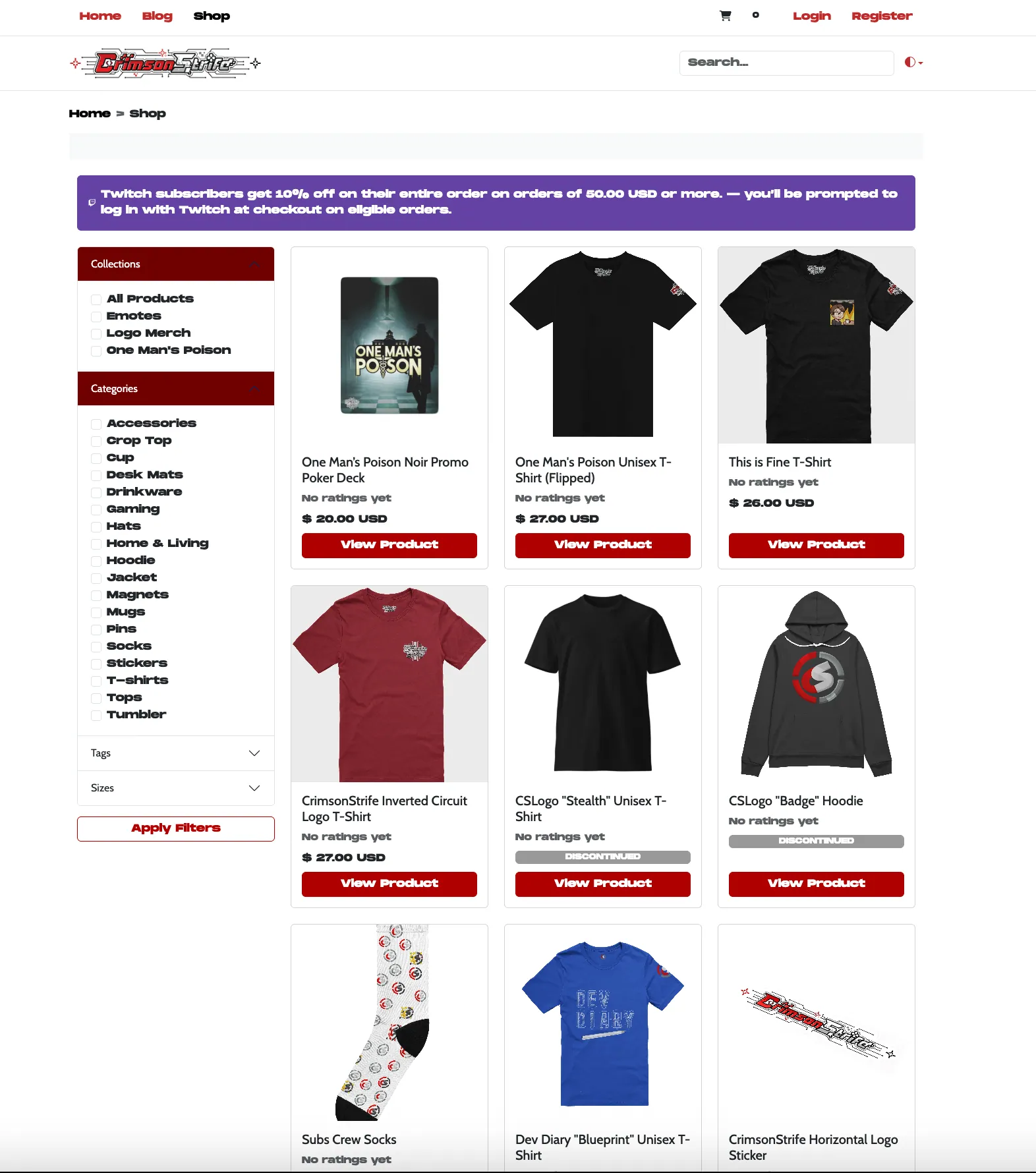 A streamer.live storefront with collection and product filters beside a grid of Fourthwall merchandise