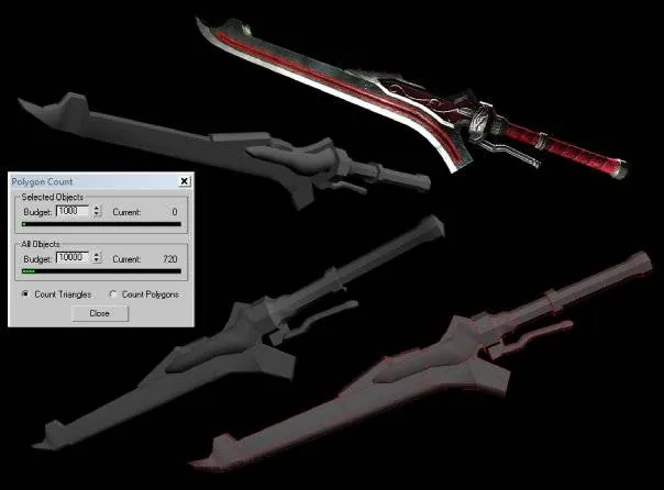Shaded and wireframe views of the low-poly Red Queen sword beside its reference concept
