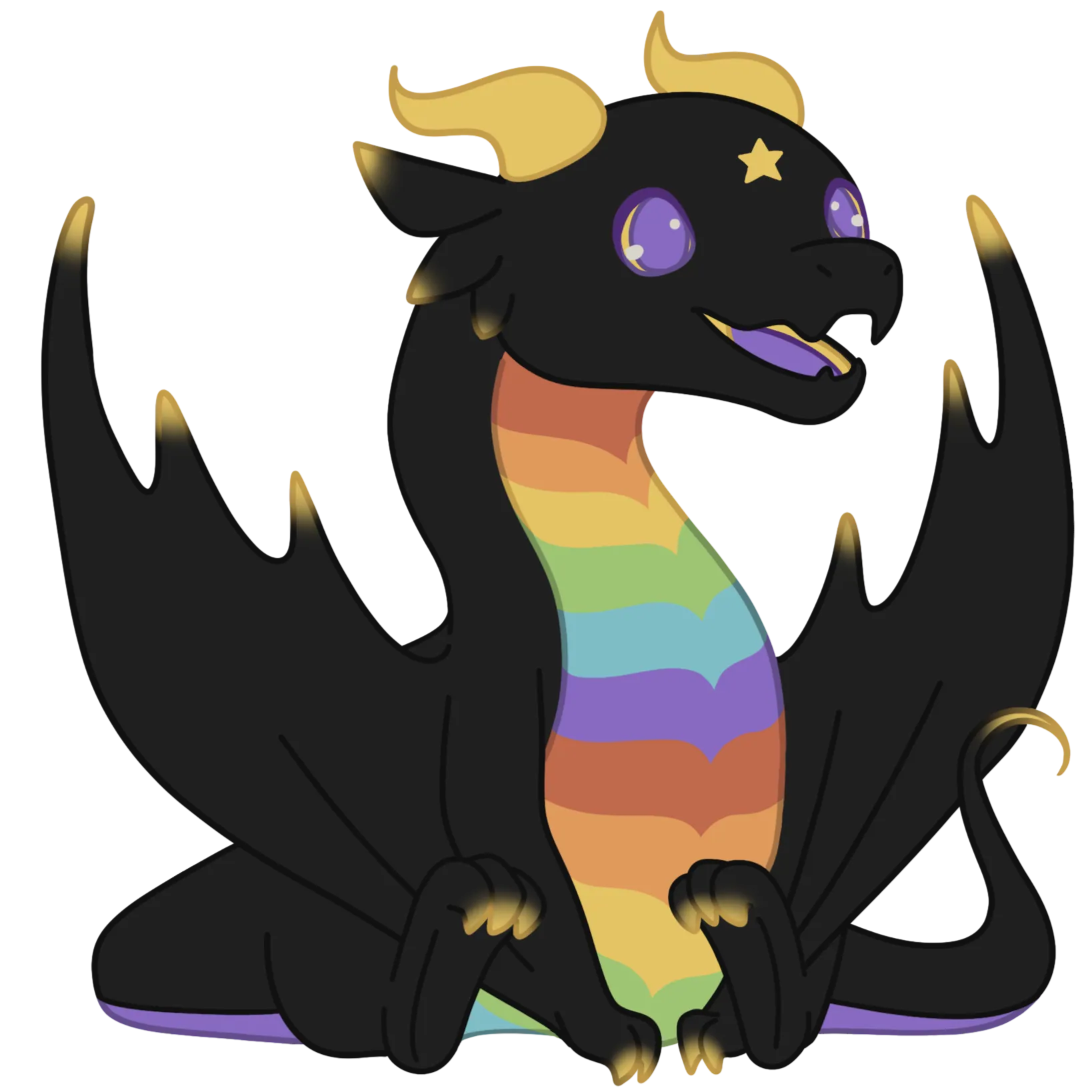 Nocturne, a black wyvern with a rainbow belly and a gold star on his forehead