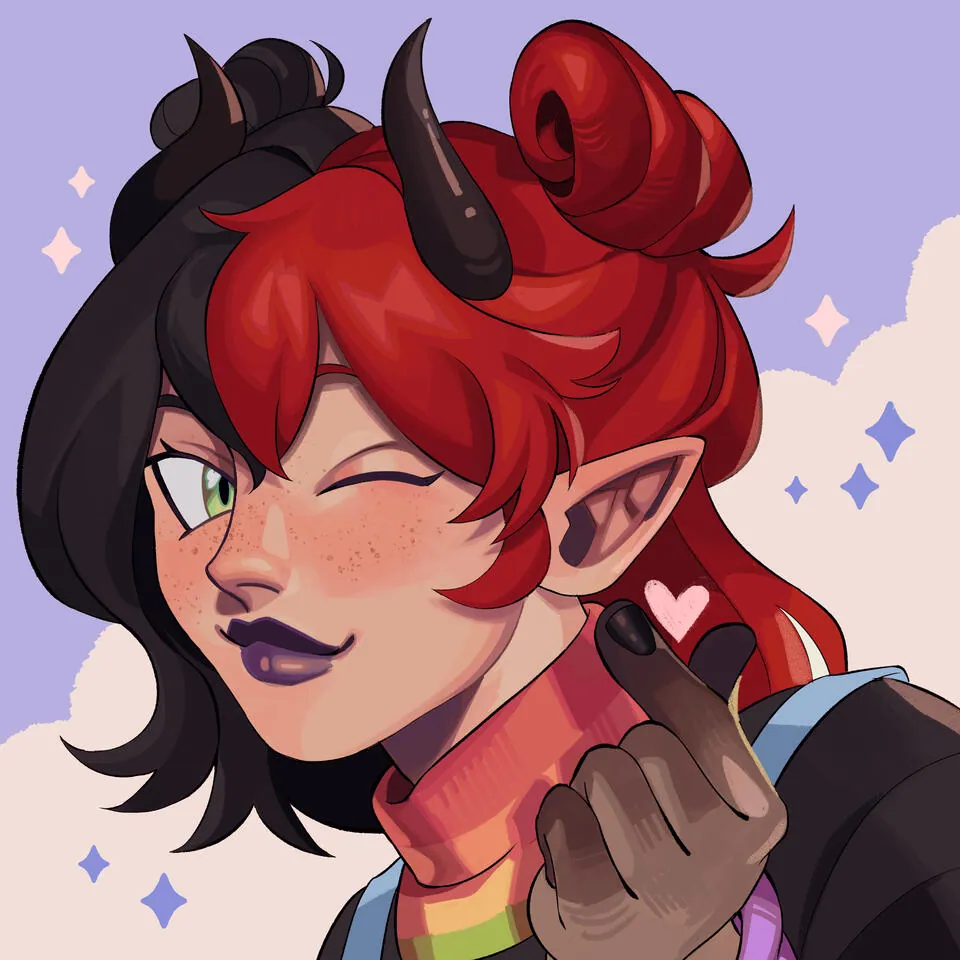 Starbie winking, with red and black hair, horns and pointed ears
