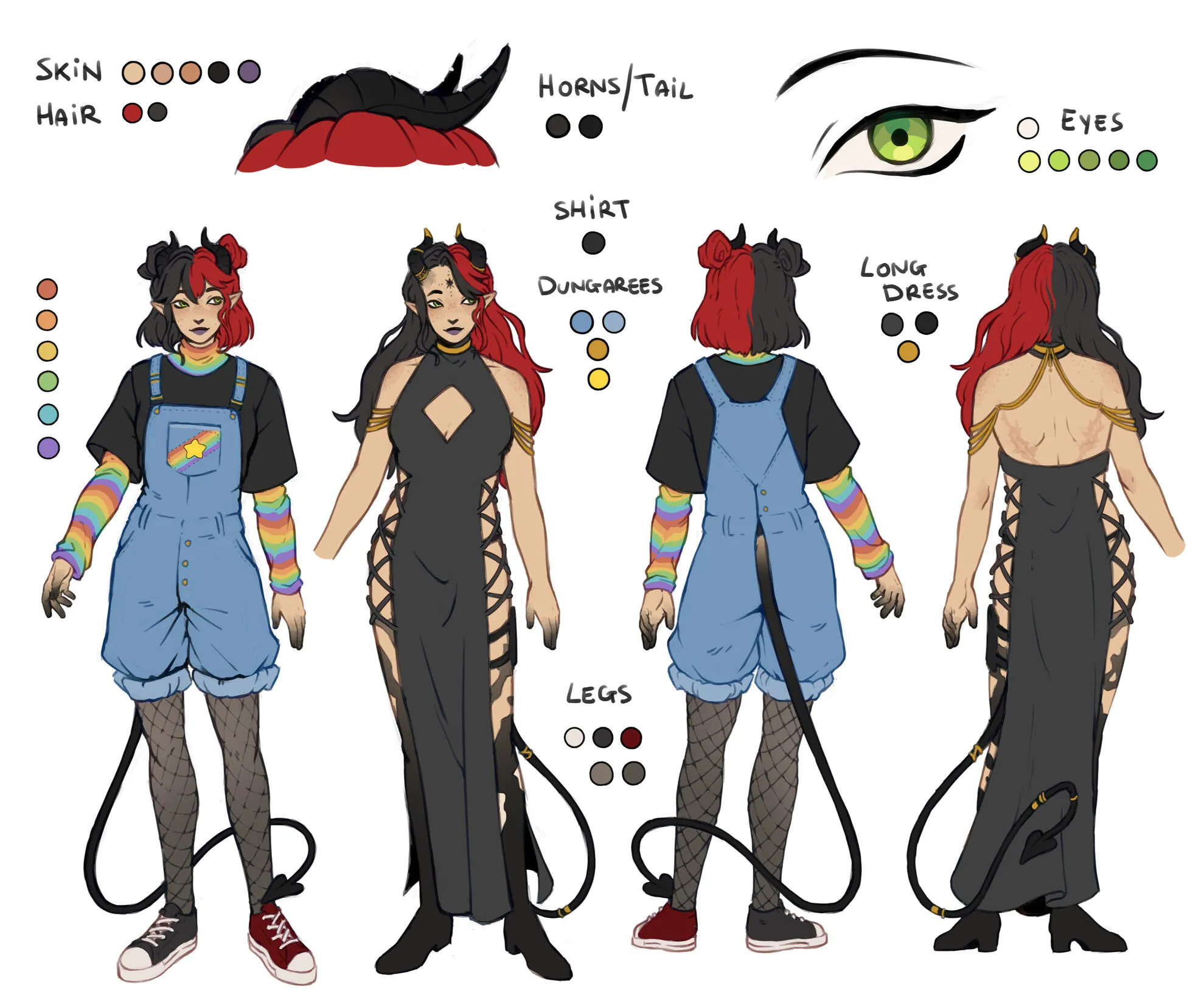 Starbie character reference sheet showing her human and succubus forms from the front and back, with skin, hair, horn, eye and clothing color swatches